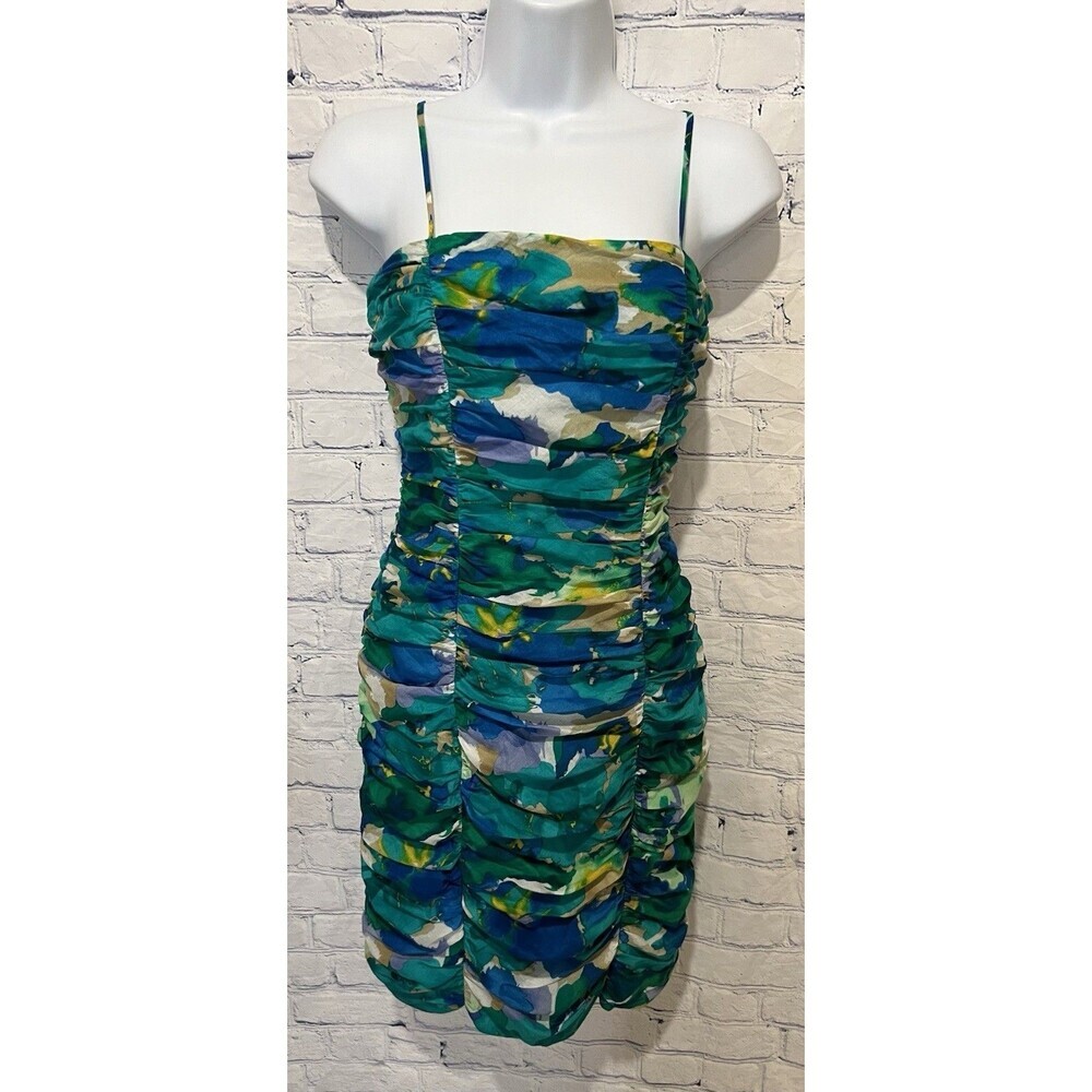 Calvin Klein Ruched Spaghetti Strap Dress with an abstract watercolor design 2